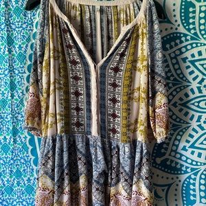 Free People XS Paisley Geometric Fall Floral Multicolor Hippie Blouse Pink Tunic